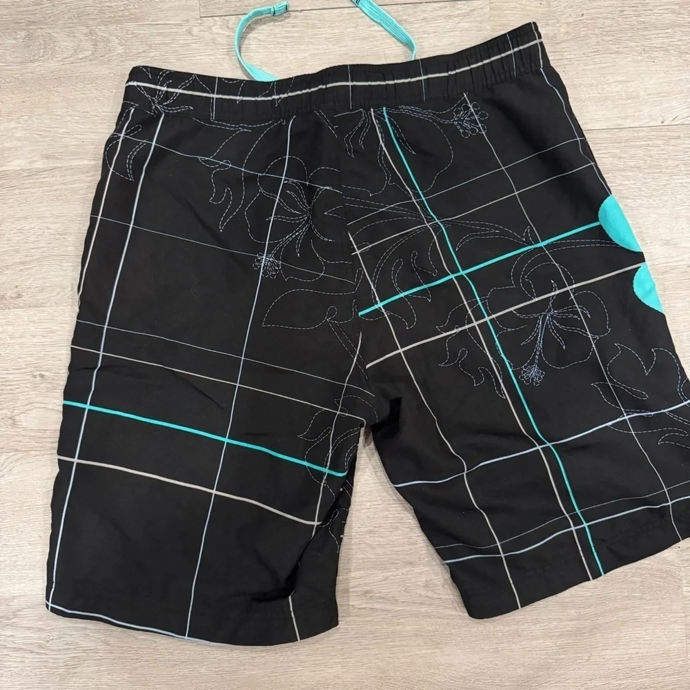 Polo Association Men’s Swim Trunks Teal And Black Plaid With Hibiscus Size Large